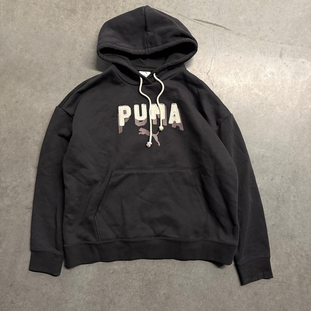 Puma Mens Black Chenille Logo Hoodie Sweatshirt Relaxed Fit Medium 2839